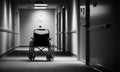 Black and white photo of wheelchair in an empty hallway. Generative AI Royalty Free Stock Photo