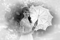 Black and white photo of a woman in a white dress Royalty Free Stock Photo