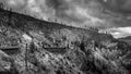 Black and White Photo of a Wooden Trestle Bridge of the abandoned Kettle Valley Railway in Myra Canyon Royalty Free Stock Photo