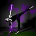 Black white photo of Young beautiful woman brunette in black clothes practice yoga ardha chandrasana in dark studio green mat