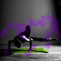 Black white photo of Young beautiful woman brunette in black clothes practice yoga Parivritta Kaundiniasana in dark studio green