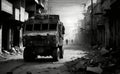 Armored vehicle leading soldiers in formation through war-torn city street with destroyed buildings and rubble