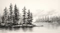 Black And White Realism: Majestic Pine Trees Along Water