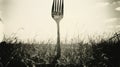 Vintage Black-and-white Photo: Distorted Fork In Grassy Field Royalty Free Stock Photo