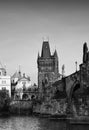 Black-and-white photograph of the Charles bridge. Prague`s historical center Royalty Free Stock Photo