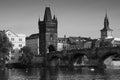 Black-and-white photograph of the Charles bridge. Prague`s historical place Royalty Free Stock Photo