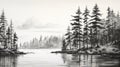 Black And White Drawings Of Trees On A Lake - Digital Painting Royalty Free Stock Photo