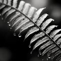 Black and white photograph of a fern leaf with water droplets, AI Royalty Free Stock Photo