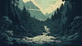 Woodcut Image: Mountains, River, And Waterfall In Detailed Science Fiction Style Royalty Free Stock Photo