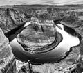 Horseshoe Bend in black and white with boat.