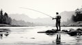 Serene Black And White Painting: Joseph Fly Fishing In The Style Of Raphael Lacoste Royalty Free Stock Photo