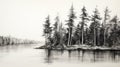 Hyperrealistic Black And White Sketch Of Pine Trees By The Lake