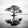 black and white photograph of a tree on an island in the middle of a lake Royalty Free Stock Photo