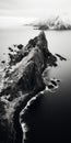 Sculptural Precision: Black And White Photo Of A Rocky Island Near The Ocean