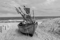 black and white photography, fishing boat at sunset baltic sea usedom on the beach