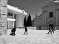 Black and White Photography Rome: Augusto Emperor square, church and Ara pacis Museum, people, woman with pram