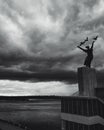Black and white photography, stormy weather, dark sky, architecture, river and dark sky, stormy sky and river
