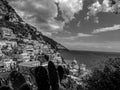 Black and White Photography of a View of Positano village on a cloudy day Royalty Free Stock Photo