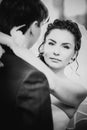 Black white photography wedding beautiful young couple stand on background forest Royalty Free Stock Photo