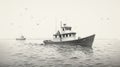 Black And White Photorealist Illustration Of A Fishing Boat Royalty Free Stock Photo