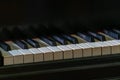 Black and white piano keys close-up. Black vintage grand pianoforte in the studio
