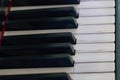 Black and white piano keys close-up. Black vintage grand pianoforte in the studio