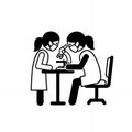 Black and White Pictogram of Two Medical Technicians in White Coats Examining a Sample Under a Microscope on a Table with Simple Royalty Free Stock Photo