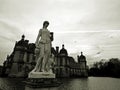 Chateau de Chantilly, Black and White Photograph with Sculpture in Foreground