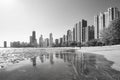 Black and white picture of Chicago waterfront skyline in the morning. Royalty Free Stock Photo