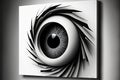 a black and white picture of an eye with a black circle in the center of it\'s iris, with a black background and white backg