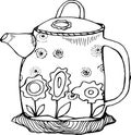 Black white picture of a flower decorated teapot in the old style. Royalty Free Stock Photo