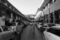 Black and white picture of general atmosphere in the Bogyoke Aung San Market or scott market, Yangon