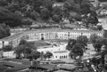 Black and white picture of Kandy city aerial panoramic view from Bahirawakanda Sri Maha Bodhi temple. Sri Lanka