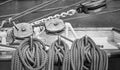 Black and white picture of old sailing boat rigging