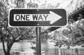 Black and white picture of One Way street sign in Roosevelt Island, New York City, USA Royalty Free Stock Photo