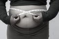 Black and white picture style for Close-up of fat woman on white background. Concept for obesity issue, diet of food for health Royalty Free Stock Photo