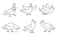 Black and white pigeons set. City bird vector line illustration. Cute character contour icons collection isolated on white