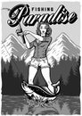 Black and white pin up girl fishing poster Royalty Free Stock Photo