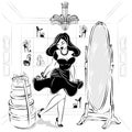 Black and white pin-up woman in fashion shop try the dress and shoes in front of the mirror, drawn illustration clip a