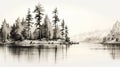 Black And White Pine Tree Sketch On Water - Serene Ink Wash Landscape Royalty Free Stock Photo
