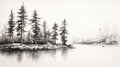Black And White Pine Trees Sketch Near Lake - Stock Photo Royalty Free Stock Photo