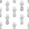 Black and white pineapple seamless pattern. Tropical vector fruits. Linear style