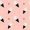 Black white pink cute ice cream seamless pattern background illustration