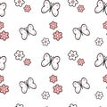 Black white pink daisy flowers and butterflies seamless pattern background illustration