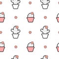 Black white pink seamless pattern background illustration with cartoon cactus Royalty Free Stock Photo