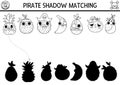 Black and white pirate shadow matching activity. Treasure island hunt line puzzle with cute fruit pirates. Find correct silhouette Royalty Free Stock Photo