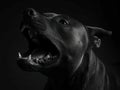 Black and white pitbull dog in aggressive pose, mid-bark, high contrast lighting, dramatic shadows - AI-Generated Royalty Free Stock Photo