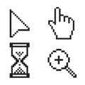 Black and white pixel arrow, hand, magnifier and hourglass pixel mouse cursor icons vector illustration. Royalty Free Stock Photo