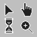 Black and white arrow, hand, magnifier and hourglass pixel mouse cursor icons vector illustration set Royalty Free Stock Photo