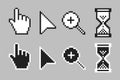 Black and white arrow, hand, magnifier and hourglass pixel mouse cursor icons vector illustration set Royalty Free Stock Photo